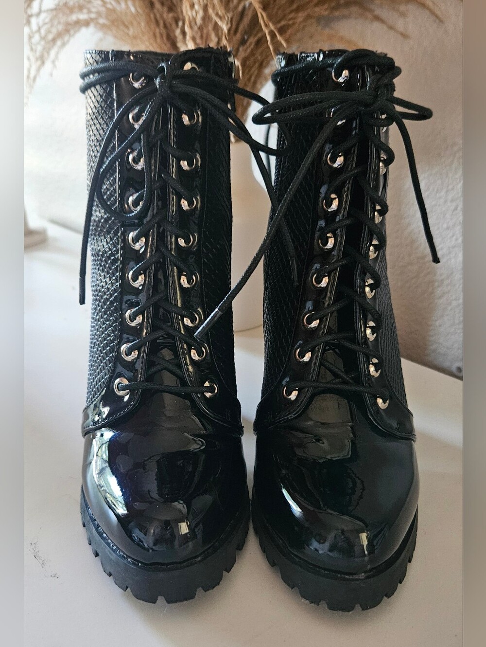 Olivia Fargiano Black Patent & Suede Tie Up Boots - Picture 2 of 10